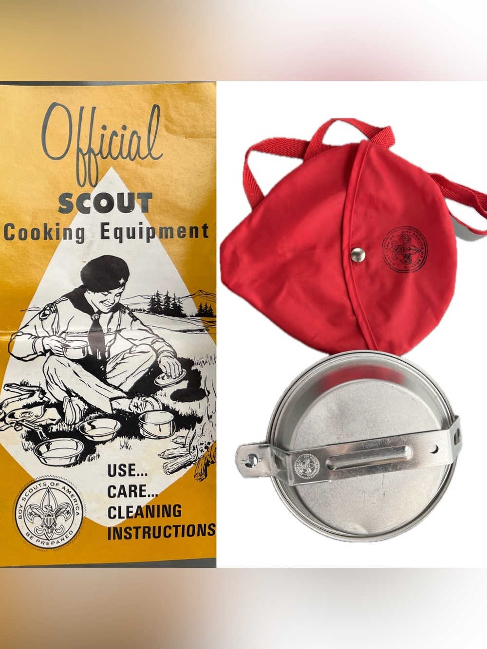 🇺🇸 VTG 1970s Boy Scouts Complete Mess Kit w/ Red Bag, Cup & Rare Brochure